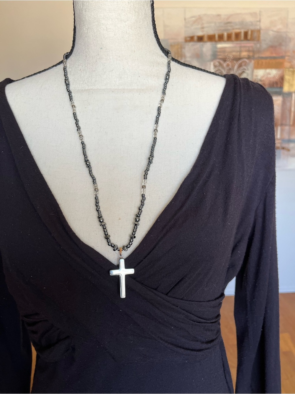 Necklace hematite cross 28” - jewelry